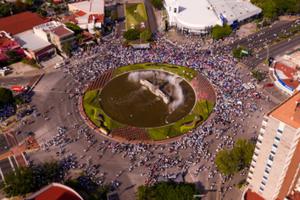 Aerial shot of the iconic Glorieta Minerva during a demonstration by the pro-life group, National Front for the Family, in Guadalajara on September 21st, 2019. Aerial shot of the iconic Glorieta Minerva during a demonstration by the pro-life group, National Front for the Family, in Guadalajara on September 21st, 2019.