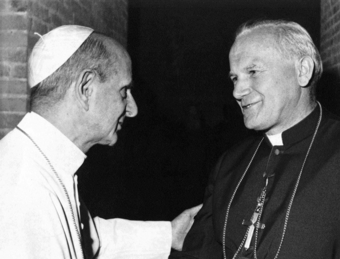 An undated file photo showing Pope Paul VI, left, greeting his to-be successor, Archbishop Karol Wojtyla of Krakow, at the Vatican. Karol Wojtyla was elected as Pope John Paul II Oct. 16, 1978. An undated file photo showing Pope Paul VI, left, greeting his to-be successor, Archbishop Karol Wojtyla of Krakow, at the Vatican. Karol Wojtyla was elected as Pope John Paul II Oct. 16, 1978.