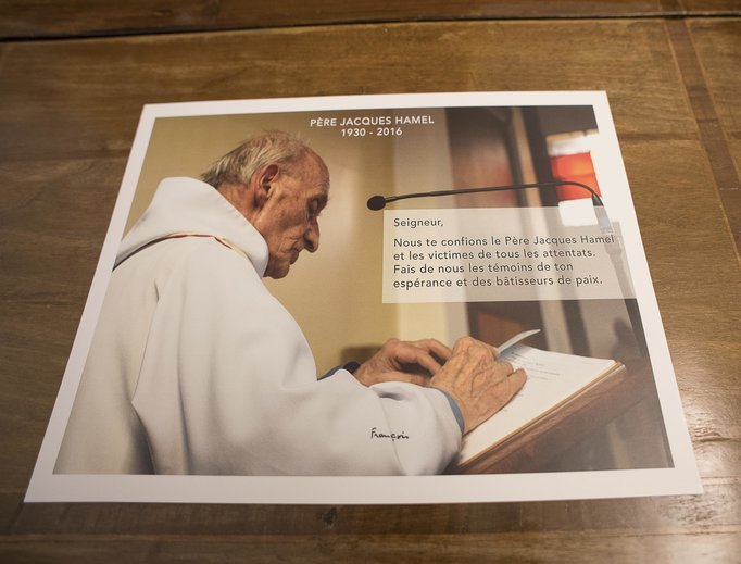Photograph of Father Jacques Hamel present at the Sept. 14 Mass Pope Francis celebrated in memory of the murdered French priest. Photograph of Father Jacques Hamel present at the Sept. 14 Mass Pope Francis celebrated in memory of the murdered French priest.
