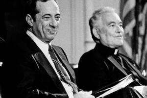 Holy Cross Father Theodore Hesburgh, the president of the University of Notre Dame, sits with New York Gov. Mario Cuomo, left, prior to Cuomo's lecture to students at the Notre Dame campus in South Bend, Indiana, Sept. 13, 1984. Holy Cross Father Theodore Hesburgh, the president of the University of Notre Dame, sits with New York Gov. Mario Cuomo, left, prior to Cuomo's lecture to students at the Notre Dame campus in South Bend, Indiana, Sept. 13, 1984.