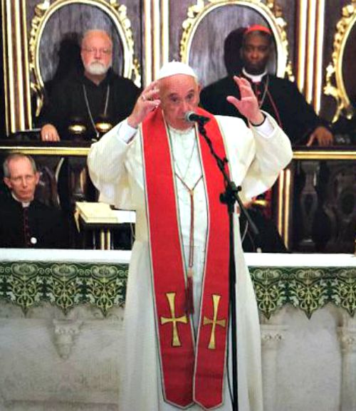 Pope Francis at vespers with priests, religious and seminarians in Havana’s cathedral on Sept. 20.
Pope Francis at vespers with priests, religious and seminarians in Havana’s cathedral on Sept. 20.
