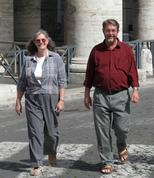 Kimberly and Scott Hahn walk together in St. Peter's Square in Rome on April 4, 2012. Kimberly and Scott Hahn walk together in St. Peter's Square in Rome on April 4, 2012.