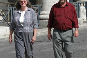 Kimberly and Scott Hahn walk together in St. Peter's Square in Rome on April 4, 2012. Kimberly and Scott Hahn walk together in St. Peter's Square in Rome on April 4, 2012.