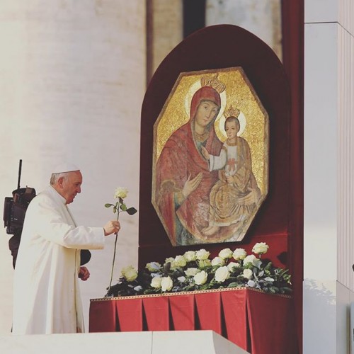 Pope Francis offers a flower to Mary and Jesus on Dec. 9. Pope Francis offers a flower to Mary and Jesus on Dec. 9.