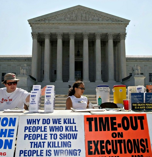 Anti-death penalty group holds a protest before the Supreme Court. Anti-death penalty group holds a protest before the Supreme Court.