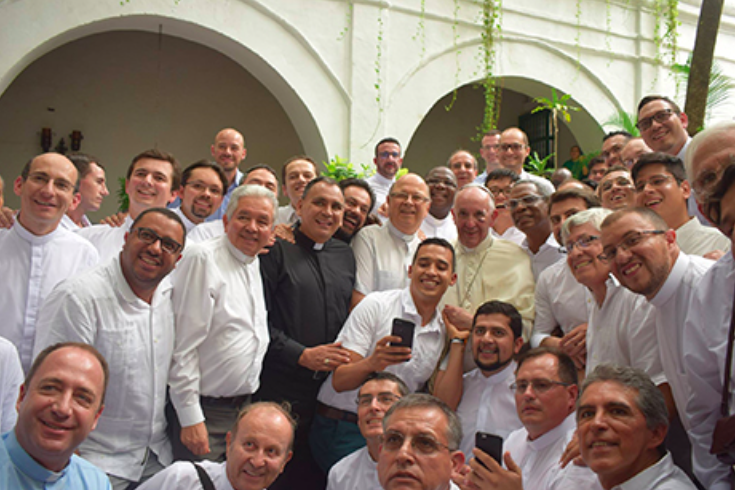 Pope Francis with Jesuit priests in Colombia. Pope Francis with Jesuit priests in Colombia.