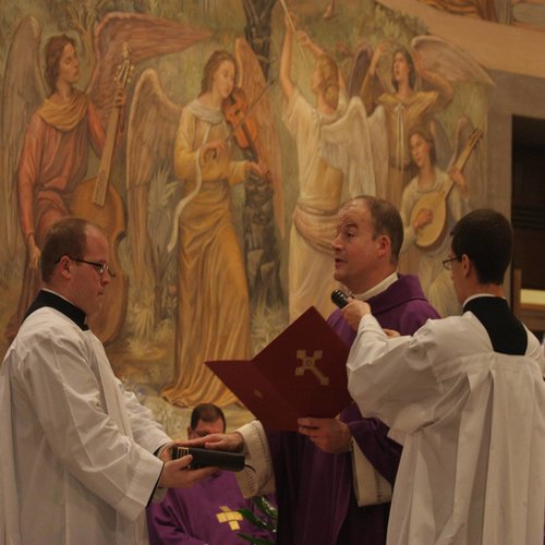 Father Peter Harman stating his oath of fidelity at the Pontifical North American College. Father Peter Harman stating his oath of fidelity at the Pontifical North American College.