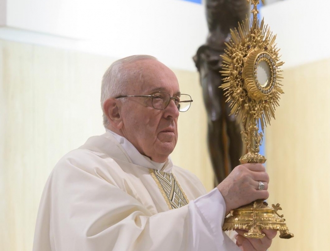 Pope Francis exposes the Blessed Sacrament for Adoration during Mass on April 16, 2020. Pope Francis exposes the Blessed Sacrament for Adoration during Mass on April 16, 2020.