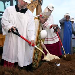 Msgr. Francis Depman, pastor of St. Rocco Parish in Avondale, Pa., participates in a groundbreaking ceremony in mid-August with Philadelphia Cardinal Justin Rigali, Msgr. Joseph Marino, regional vicar for Chester County, Pa., and Mother Maria del Cenaculo, a member of the Servants of the Lord and the Virgin of Matara. A new church will be built for the parish, which will become a national parish to serve the needs of Spanish-speaking Catholics. Msgr. Francis Depman, pastor of St. Rocco Parish in Avondale, Pa., participates in a groundbreaking ceremony in mid-August with Philadelphia Cardinal Justin Rigali, Msgr. Joseph Marino, regional vicar for Chester County, Pa., and Mother Maria del Cenaculo, a member of the Servants of the Lord and the Virgin of Matara. A new church will be built for the parish, which will become a national parish to serve the needs of Spanish-speaking Catholics.