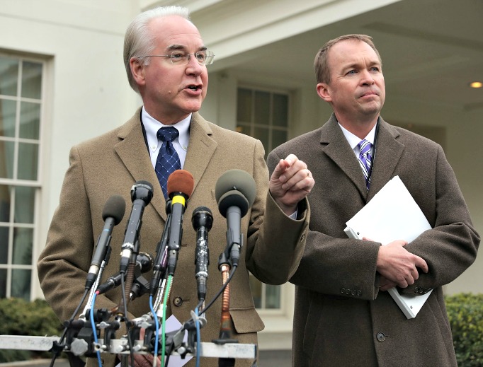 U.S. Health and Human Services Secretary Tom Price (l) and Office of Management and Budget Director Mick Mulvaney talk to reporters following the release of the Congressional Budget Office report on the proposed American Health Care Act outside the White House West Wing March 13. U.S. Health and Human Services Secretary Tom Price (l) and Office of Management and Budget Director Mick Mulvaney talk to reporters following the release of the Congressional Budget Office report on the proposed American Health Care Act outside the White House West Wing March 13.