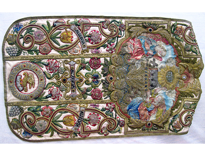 This chasuble is part of a set of Catholic vestments made by the English recusant Catholic and seamstress Helena Wintour in the 17th century.
This chasuble is part of a set of Catholic vestments made by the English recusant Catholic and seamstress Helena Wintour in the 17th century.