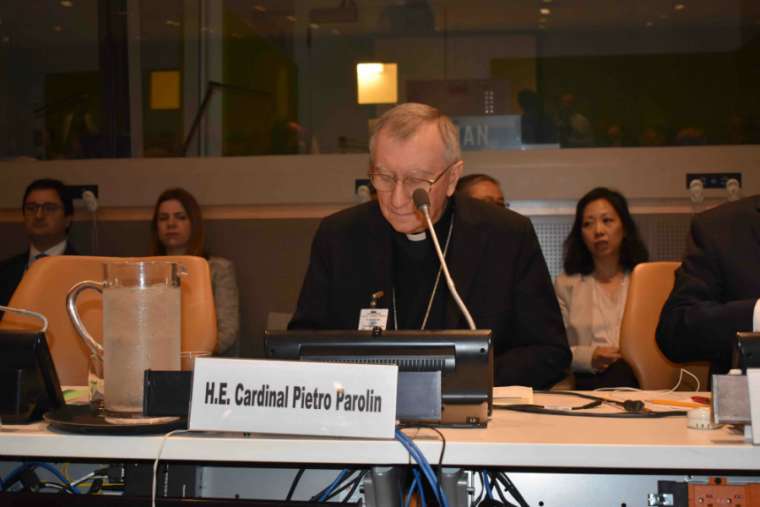 Cardinal Pietro Parolin gives a talk during a panel discussion hosted by Hungary at the U.N. General Assembly Sept. 27. Cardinal Pietro Parolin gives a talk during a panel discussion hosted by Hungary at the U.N. General Assembly Sept. 27.