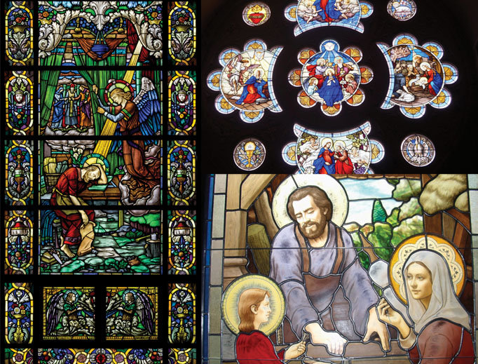 Clockwise from top: Rosary mysteries from Conrad Schmitt Studios, the Holy Family from Daprato Rigali Studios and ‘St. Joseph’s Dream’ from Beyer Stained Glass Studio offer beauty in glass. Other offerings are below from each of the studios. Clockwise from top: Rosary mysteries from Conrad Schmitt Studios, the Holy Family from Daprato Rigali Studios and ‘St. Joseph’s Dream’ from Beyer Stained Glass Studio offer beauty in glass. Other offerings are below from each of the studios.