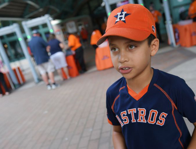 Houston Astros fan Hector Francia speaks outside Minute Maid Park before the second game of a doubleheader between the Astros and the New York Mets Sept. 2, 2017. Houston Astros fan Hector Francia speaks outside Minute Maid Park before the second game of a doubleheader between the Astros and the New York Mets Sept. 2, 2017.