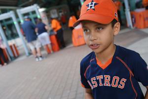 Houston Astros fan Hector Francia speaks outside Minute Maid Park before the second game of a doubleheader between the Astros and the New York Mets Sept. 2, 2017. Houston Astros fan Hector Francia speaks outside Minute Maid Park before the second game of a doubleheader between the Astros and the New York Mets Sept. 2, 2017.