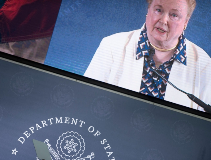 Mary Ann Glendon introduces U.S. Secretary of State Mike Pompeo to speak at the National Constitution Center about the Commission on Unalienable Rights on July 16 in Philadelphia. Mary Ann Glendon introduces U.S. Secretary of State Mike Pompeo to speak at the National Constitution Center about the Commission on Unalienable Rights on July 16 in Philadelphia.