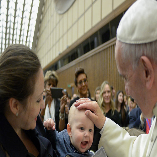 Pope Francis greets a mother and baby at the International Conference on Regenerative Medicine in Vatican City on April 29.
Pope Francis greets a mother and baby at the International Conference on Regenerative Medicine in Vatican City on April 29.