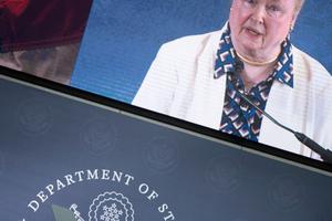 Mary Ann Glendon introduces U.S. Secretary of State Mike Pompeo to speak at the National Constitution Center about the Commission on Unalienable Rights on July 16 in Philadelphia. Mary Ann Glendon introduces U.S. Secretary of State Mike Pompeo to speak at the National Constitution Center about the Commission on Unalienable Rights on July 16 in Philadelphia.