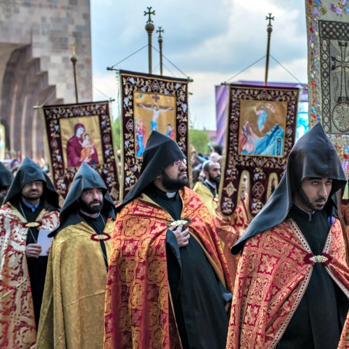 Clergy of Armenian Apostolic Church participate in a canonization ceremony for victims of the Armenian genocide at the Mother See of Holy Etchmiadzin, a complex that serves as the administrative headquarters of the Armenian Apostolic Church, on April 23 in Vagharshapat, Armenia. Clergy of Armenian Apostolic Church participate in a canonization ceremony for victims of the Armenian genocide at the Mother See of Holy Etchmiadzin, a complex that serves as the administrative headquarters of the Armenian Apostolic Church, on April 23 in Vagharshapat, Armenia.