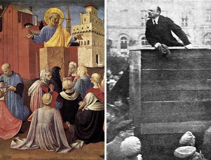 (L) Fra Angelico, “St. Peter Preaching,” 1433. (R) Vladimir Lenin speaks to a crowd on May 5, 1920. (L) Fra Angelico, “St. Peter Preaching,” 1433. (R) Vladimir Lenin speaks to a crowd on May 5, 1920.