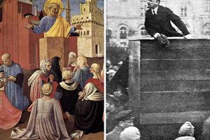 (L) Fra Angelico, “St. Peter Preaching,” 1433. (R) Vladimir Lenin speaks to a crowd on May 5, 1920. (L) Fra Angelico, “St. Peter Preaching,” 1433. (R) Vladimir Lenin speaks to a crowd on May 5, 1920.