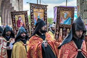 Clergy of Armenian Apostolic Church participate in a canonization ceremony for victims of the Armenian genocide at the Mother See of Holy Etchmiadzin, a complex that serves as the administrative headquarters of the Armenian Apostolic Church, on April 23 in Vagharshapat, Armenia. Clergy of Armenian Apostolic Church participate in a canonization ceremony for victims of the Armenian genocide at the Mother See of Holy Etchmiadzin, a complex that serves as the administrative headquarters of the Armenian Apostolic Church, on April 23 in Vagharshapat, Armenia.