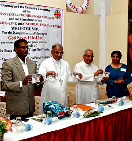 Archbishop Filipe Neri (second from left) launches the suicide-prevention help line with director Father Mario Saturnino Dias (second from right).
Archbishop Filipe Neri (second from left) launches the suicide-prevention help line with director Father Mario Saturnino Dias (second from right).