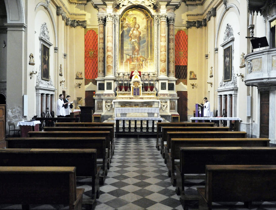 A priest and seminarians pray the Liturgy of the Hours in the empty Church of San Sebastiano on March 13, 2020, in Livorno, Italy. In Italy, public Masses have been suspended to slow the spread of the coronavirus. The number of confirmed COVID-19 cases in Italy has passed 21,000 with the death toll rising to 1441. A priest and seminarians pray the Liturgy of the Hours in the empty Church of San Sebastiano on March 13, 2020, in Livorno, Italy. In Italy, public Masses have been suspended to slow the spread of the coronavirus. The number of confirmed COVID-19 cases in Italy has passed 21,000 with the death toll rising to 1441.
