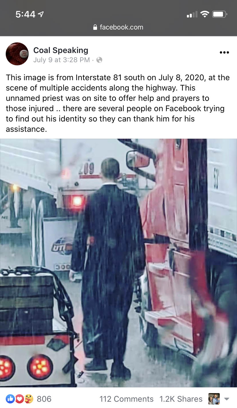 Father John Killackey walking down Interstate 81 southbound on July 8, 2020. Father John Killackey walking down Interstate 81 southbound on July 8, 2020.
