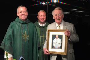 Dodgers Mass where Vin Scully was presented with an image of Pope Francis (courtesy of Gellman Images) as a thank-you for his longtime support for Catholic Athletes for Christ and the MLB Mass Ministry on the day he broadcasted his final game at Dodger Stadium after 67 seasons with the team. Dodgers Mass where Vin Scully was presented with an image of Pope Francis (courtesy of Gellman Images) as a thank-you for his longtime support for Catholic Athletes for Christ and the MLB Mass Ministry on the day he broadcasted his final game at Dodger Stadium after 67 seasons with the team.