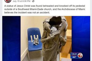 A Jesus statue was vandalized in the Archdiocese of Miami earlier this month, as explained in a Facebook news post July 15; it is only one of many instances of destruction to Catholic and others statues across the country. A Jesus statue was vandalized in the Archdiocese of Miami earlier this month, as explained in a Facebook news post July 15; it is only one of many instances of destruction to Catholic and others statues across the country.