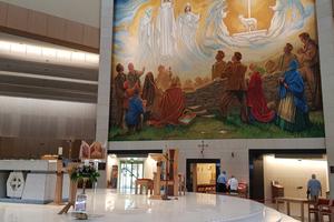 The 1879 apparition of the Virgin Mary, St. Joseph, St. John the Evangelist, angels and the Lamb of God is commemorated inside the Knock Shrine. The 1879 apparition of the Virgin Mary, St. Joseph, St. John the Evangelist, angels and the Lamb of God is commemorated inside the Knock Shrine.