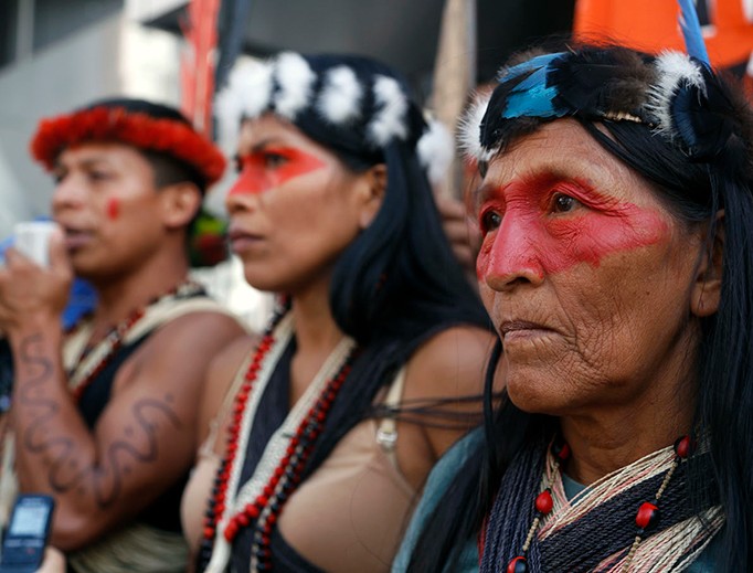 Waorani indigenous people protest outside the Ministry of Natural Resources in Quito, Ecuador, May 16 against the government's extractive policy in the Amazon. Waorani indigenous people protest outside the Ministry of Natural Resources in Quito, Ecuador, May 16 against the government's extractive policy in the Amazon.