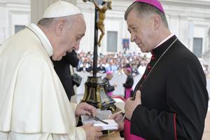 Pope Francis with Archbishop Blase Cupich of Chicago in St. Peter's Square during the Wednesday general audience on Sept. 2, 2015
Pope Francis with Archbishop Blase Cupich of Chicago in St. Peter's Square during the Wednesday general audience on Sept. 2, 2015