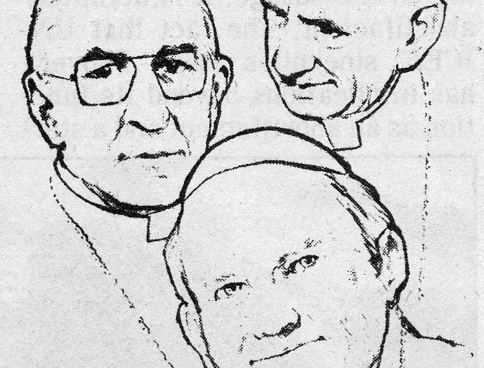 From the Register archives, this drawing of the likenesses of Paul VI, John Paul I and John Paul II accompanied a column by Father Robert J. Fox in the Oct. 29, 1978, edition of the newspaper. From the Register archives, this drawing of the likenesses of Paul VI, John Paul I and John Paul II accompanied a column by Father Robert J. Fox in the Oct. 29, 1978, edition of the newspaper.