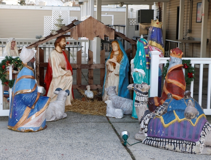 The Nativity scene is currently on display at Grotto Pizza. The Nativity scene is currently on display at Grotto Pizza.