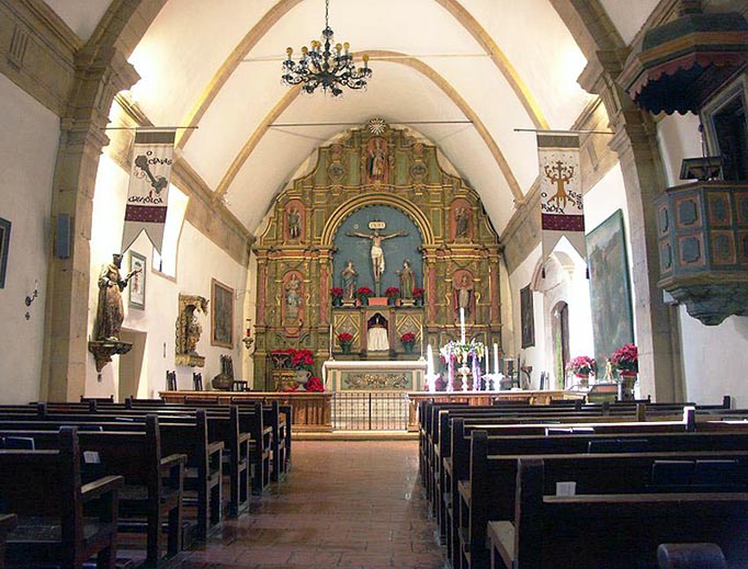 ABOVE: The interior of the Carmel Mission. BELOW: (1) San Juan Capistrano, Serra Chapel, exterior; (2) San Juan Capistrano, Serra Chapel, interior; (3) St. Dominic's, Benicia; (4) an image of Our Lady at Star of the Sea Church, San Francisco; (5) Star of the Sea Church, San Francisco, interior; (6) clock and Scripture quote, Old Saint Mary's Cathedral, San Francisco. ABOVE: The interior of the Carmel Mission. BELOW: (1) San Juan Capistrano, Serra Chapel, exterior; (2) San Juan Capistrano, Serra Chapel, interior; (3) St. Dominic's, Benicia; (4) an image of Our Lady at Star of the Sea Church, San Francisco; (5) Star of the Sea Church, San Francisco, interior; (6) clock and Scripture quote, Old Saint Mary's Cathedral, San Francisco.