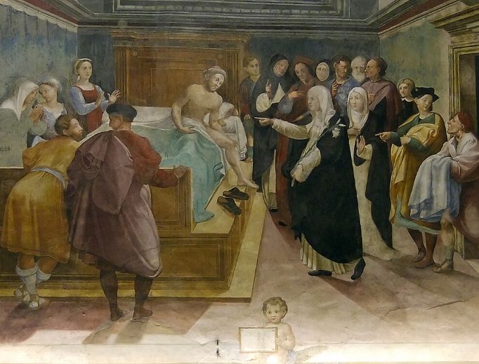 St. Catherine of Siena heals Matteo Cenni of the plague, fresco by Vincenzo Tamagni (Oratory of St. Catherine in Siena)
St. Catherine of Siena heals Matteo Cenni of the plague, fresco by Vincenzo Tamagni (Oratory of St. Catherine in Siena)