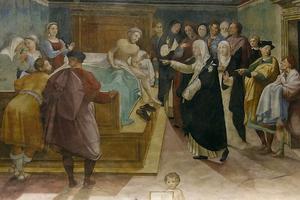 St. Catherine of Siena heals Matteo Cenni of the plague, fresco by Vincenzo Tamagni (Oratory of St. Catherine in Siena)
St. Catherine of Siena heals Matteo Cenni of the plague, fresco by Vincenzo Tamagni (Oratory of St. Catherine in Siena)
