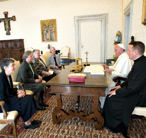 Pope Francis talks with a delegation of The Leadership Conference of Women Religious during an audience at the Vatican on April 16. Pope Francis talks with a delegation of The Leadership Conference of Women Religious during an audience at the Vatican on April 16.