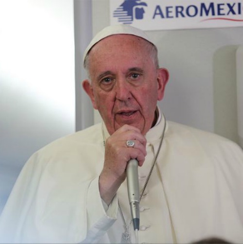 Pope Francis aboard the papal flight from Mexico to Rome on Feb. 17, 2016.
Pope Francis aboard the papal flight from Mexico to Rome on Feb. 17, 2016.