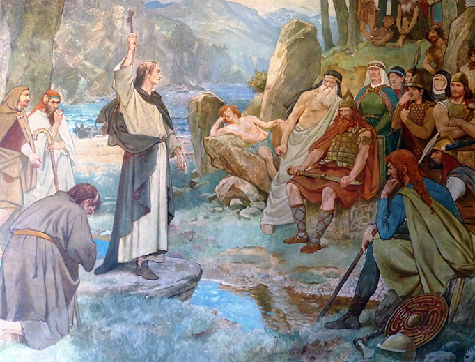 This mural in the Scottish National Portrait Gallery depicts the Picts being converted to Christianity by Saint Columba.
This mural in the Scottish National Portrait Gallery depicts the Picts being converted to Christianity by Saint Columba.