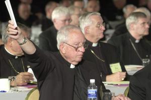 Bishop Walter Sullivan of Richmand, Virginia, holds up a ballot during the voting on the Charter for the Protection of Children and Young People at the U.S. Conference of Catholic Bishops' meeting in Dallas June 14. 2002. The charter celebrates its 15th anniversary this week and has made the U.S. Catholic Church one of the safest places for children anywhere in the world. Bishop Walter Sullivan of Richmand, Virginia, holds up a ballot during the voting on the Charter for the Protection of Children and Young People at the U.S. Conference of Catholic Bishops' meeting in Dallas June 14. 2002. The charter celebrates its 15th anniversary this week and has made the U.S. Catholic Church one of the safest places for children anywhere in the world.