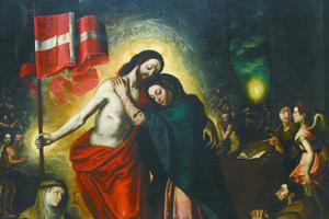 A 17TH-CENTURY ITALIAN RENAISSANCE DEPICTION OF THE RISEN CHRIST AND THE MADONNA, WITH ANGELS AND SAINTS A 17TH-CENTURY ITALIAN RENAISSANCE DEPICTION OF THE RISEN CHRIST AND THE MADONNA, WITH ANGELS AND SAINTS