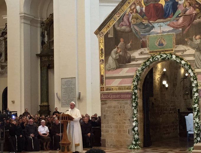 Pope Francis visits the Porziuncola chapel inside the papal Basilica of St. Mary of the Angels in Assisi to commemorate the 800th anniversary of the 'Pardon of Assisi.'
Pope Francis visits the Porziuncola chapel inside the papal Basilica of St. Mary of the Angels in Assisi to commemorate the 800th anniversary of the 'Pardon of Assisi.'