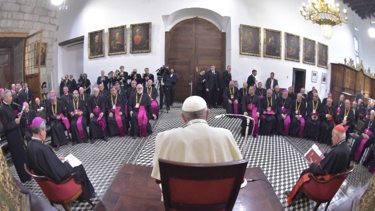 Pope Francis meets with the Chilean Bishops in Santiago, Chile, January 2018. Pope Francis meets with the Chilean Bishops in Santiago, Chile, January 2018.