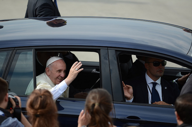 Pope Francis waving to crowds on arrival in Krakow, July 27, 2016. Pope Francis waving to crowds on arrival in Krakow, July 27, 2016.