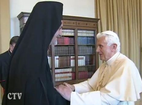 Benedict XVI receiving a member of a delegation from the Ecumenical Patriarchate of Constantinople June 28th. The delegation have been making their traditional visit to Rome for the Feast of Saints Peter and Paul. Benedict XVI receiving a member of a delegation from the Ecumenical Patriarchate of Constantinople June 28th. The delegation have been making their traditional visit to Rome for the Feast of Saints Peter and Paul.