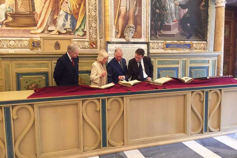 The Prince of Wales and Duchess of Cornwall in the Vatican Library on April 4, 2017. The Prince of Wales and Duchess of Cornwall in the Vatican Library on April 4, 2017.
