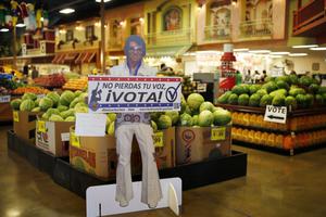 IMPORTANT VOTING BLOC. A sign in Spanish that says, ‘Don't Lose Your Voice, Vote!’ is displayed near a polling place in a Cardenas supermarket in Las Vegas in June. In the battleground state of Nevada, some 17% of eligible voters are Hispanics. IMPORTANT VOTING BLOC. A sign in Spanish that says, ‘Don't Lose Your Voice, Vote!’ is displayed near a polling place in a Cardenas supermarket in Las Vegas in June. In the battleground state of Nevada, some 17% of eligible voters are Hispanics.